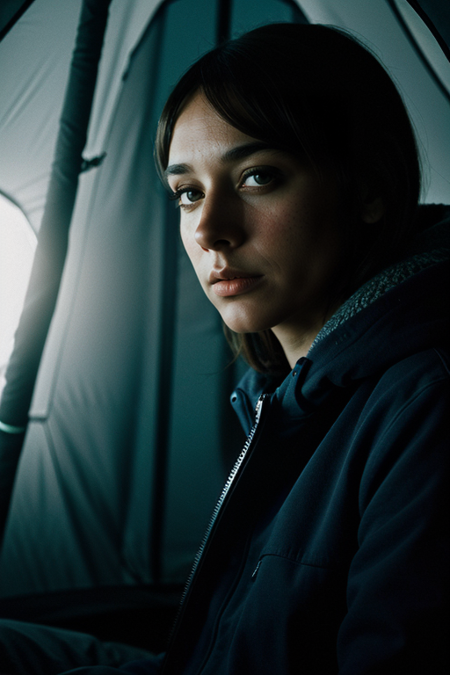 RashidaJones, portrait, photography by (Jeanloup Sieff:1.3), ((sitting inside camping tent, flashlight glow, fleece top)), modelshoot, pose, (closeup on upper body:1.3), (night, dark, dark photo, grainy, dimly lit), editorial photograph, film grain, depth of field, analog film style, vivid color, looking at viewer, ((chiaroscuro, emotional impact, vivid, strong contrasts, stylized lighting, movie screenshot, colored gels, gritty, movie still, fog, cold)), ultrarealistic, noise