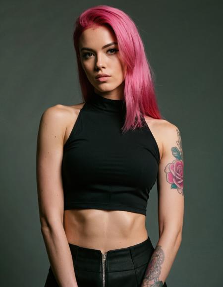 A photo-realistic shoot from a portrait camera angle about a young woman with long, pink hair and tattoos wearing a black crop top and a black skirt, standing in a dimly lit room. on the middle of the image, a 1 woman who appears to be in her early twenties, with fair skin and a slender physique, is facing the viewer with her eyes looking directly at the camera. she has a serious expression and her hair is styled in long hair. her hair color is a vibrant pink, and her eye color is not specified. her body type is slim, and she has tattoos on her arms, including a butterfly, on her shoulder. she is wearing a sleeveless black top with a zipper, a black choker, and a silver belt with a silver chain. the background is a dark, textured wall with a subtle floral pattern, and the lighting is soft and diffused, creating a moody atmosphere.