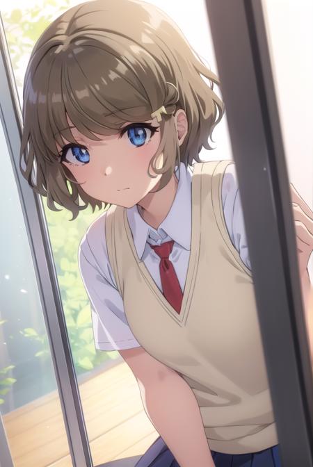 tomoekoga, <lora:tomoe koga s1-lora-nochekaiser:1>, 
tomoe koga, short hair, brown hair, blue eyes, hair clip,
BREAK skirt, shirt, school uniform, white shirt, short sleeves, pleated skirt, necktie, collared shirt, red necktie, sweater vest,
BREAK indoors, classroom,
BREAK looking at viewer, (cowboy shot:1.5),
BREAK <lyco:GoodHands-beta2:1>, (masterpiece:1.2), best quality, high resolution, unity 8k wallpaper, (illustration:0.8), (beautiful detailed eyes:1.6), extremely detailed face, perfect lighting, extremely detailed CG, (perfect hands, perfect anatomy),