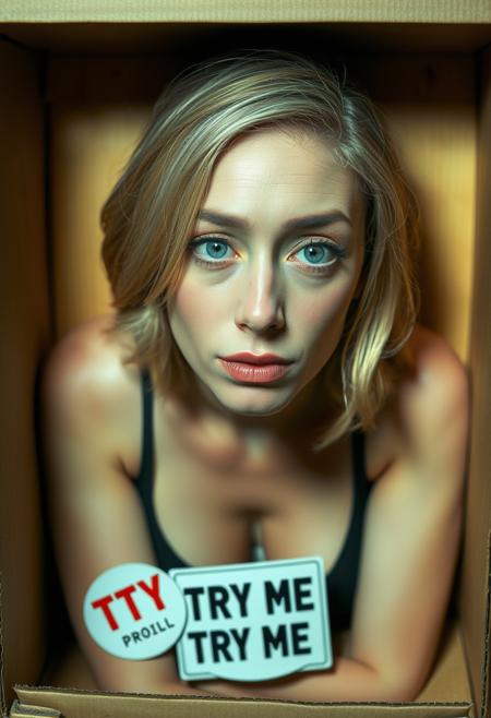 A woman is trapped in a box, showing full body in the box and  pretending to be a toy with a "TRY ME" sticker on the front of the box. The woman had no mood shows, and a teardrop came out of her right eye.