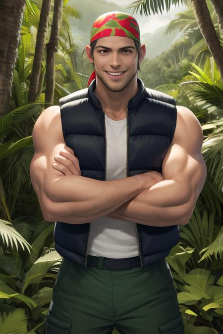 masterpiece, detailed face, highres, ralfkof, 1guy, solo,looking at viewer, view from high, crossed arms, hidden hands, stubble, green vest,sleeveless shirt, green pants, smiling, charming, head bandana,  rain forest, semi-realistic,   <lora:RalfKOF2:1>