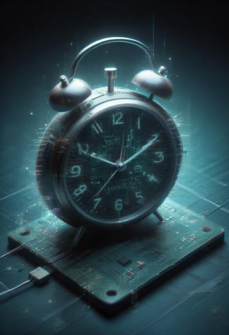 8K analog photo, a classic alarm clock made of glitch lowpoly Circuit Board, each number floating inside a glitch lowpoly, fragile-looking and slightly distorted, soft morning light, 
High Quality, Full Colour, 80mm, blurry background,
