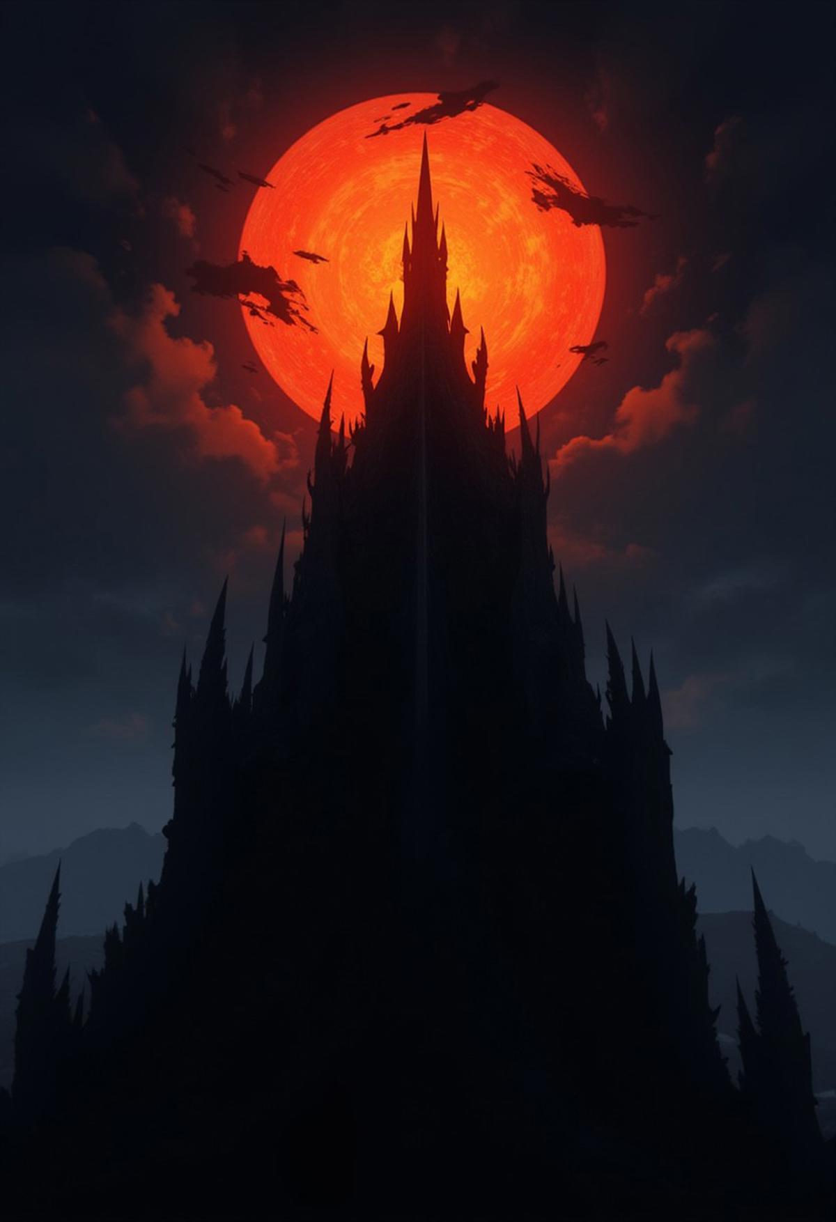 The image is an anime-styled illustration of a menacing and powerful character from the Lord of the Rings. The Eye of Sauron, perched atop Barad-dûr, the Dark Tower, is one of the most iconic and menacing symbols in J.R.R. Tolkien's The Lord of the Rings series. The Eye itself is depicted as a fiery, lidless eye, constantly searching and surveying the lands of Middle-earth. Its form is intense and unsettling, with a slit pupil that resembles that of a reptile or cat, giving it a predatory and all-seeing appearance.
The iris of the Eye glows with a burning, molten orange or red hue, radiating power and malevolence. Flames and tendrils of fire often seem to flicker around it, emphasizing its unyielding and consuming gaze. 
Barad-dûr, the fortress on which the Eye is set, is a massive, dark tower made of black iron and stone, located in the land of Mordor. The structure is imposing and jagged, with sharp spires and battlements that reach skyward. The tower is surrounded by an oppressive atmosphere of shadow and gloom, with dark clouds often swirling above, contributing to its ominous and foreboding presence.
The Eye of Sauron atop Barad-dûr is not only a literal symbol of Sauron's power but also a metaphoric representation of his desire for control and domination. Its gaze is relentless, embodying the fear and dread that Sauron instills in those who oppose him.