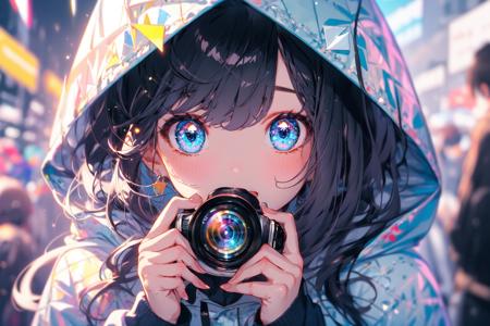 (masterpiece:1.2), best quality,PIXIV,Colorful portraits, 
1girl, solo, looking at viewer, holding, blue eyes, camera, hood, black hair, bangs, blush, holding camera, long hair, long sleeves, upper body, blurry, hood up, hoodie, hands up, triangle, sweater, depth of field, light particles, covered mouth, fingernails
<lora:Colorful portraits_20230715165729-000018:1>