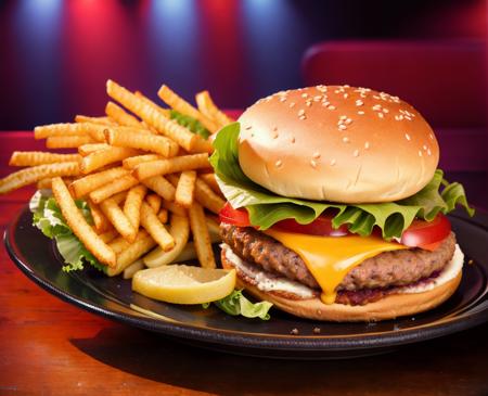 product shot of ultra realistic juicy cheeseburger against a dark background, two tone lighting, advertisement, octane, unreal <lora:epi_noiseoffset2:1>