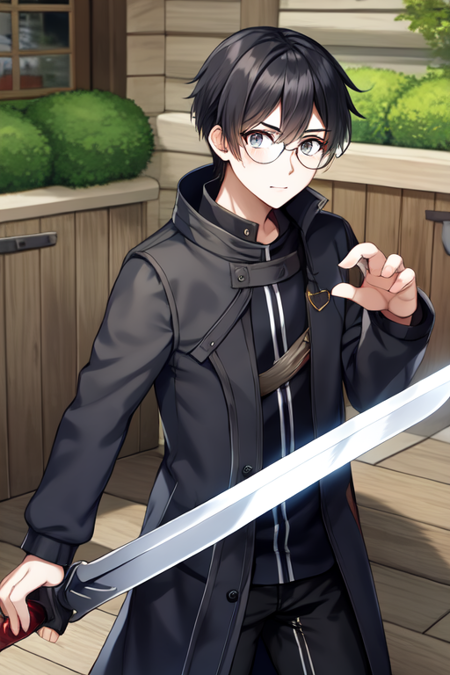 anatoly, glasses, 1boy, solo, black longcoat, dual wielding, sword