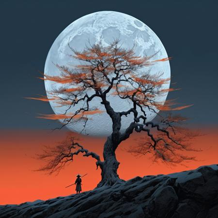 The tree with the big moon over it is in the evening, in the style of Igor Morski, Miyamoto Musashi, dark sky-blue and light red, Kyffin Williams, atmospheric installations, dark silver and orange 