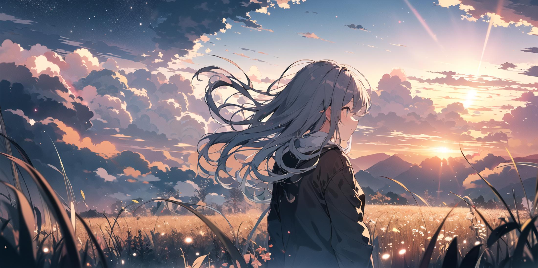 Woman with Long Hair and a Black Jacket Standing in a Field at Sunset