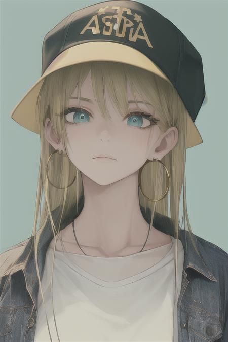 masterpiece, inoitoh, best quality, 1girl, aqua eyes, baseball cap, blonde hair, closed mouth, earrings, green background, hat, hoop earrings, jewelry, looking at viewer, shirt, short hair, simple background, solo, upper body, yellow shirt, <lora:inoitoh:1>