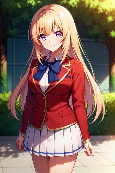 ichinose honami, blonde hair, long hair, purple eyes, school uniform, red jacket, blue bow, white skirt, pleated skirt