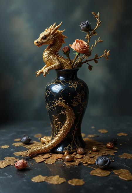 tilt-shift photo of best quality double exposure complex surreal painting on cracked paper, macro, microworld,  hyperdetailed,   insanely detailed ,black roses, ceramic vase, gold dragon on vase, black marble floor, sitting on floor, dark background, big eyes 32k, by Rockwell, WLOP Ryniac, Craola, Disney, van Gogh, highly detailed, intricated, intricated pose, high quality, centered, perfect composition.,
<lora:Midjourney_-_SemiReal_Dreams_FLUX_LoRA:1>,<lora:hyper-detail-illustration:1>, Selective focus, miniature effect, blurred background, highly detailed, vibrant, perspective control