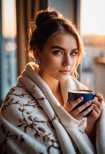 professional very close-up picture of a beautiful girl sits by the window wrapped in a warm blanket, holding a cup of cappuccino, flower drawing on a cup, detailed natural skin and blemishes, sapphire eyes, casual makeup,  small earrings, looking out the window, sunset light, close-up, face focus, looking away, 35mm photograph, professional, 4k, highly detailed,