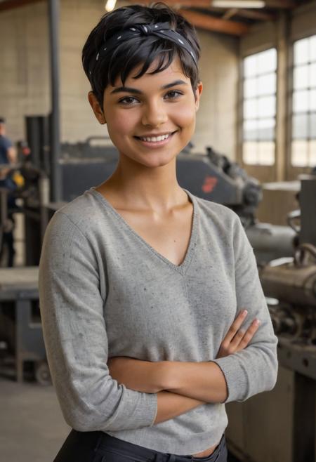 Award winning photography, mid body view, 19 years old eveGilles woman, black messed pixie haircut, worry but smiling anyway, female corporate intelligence analyst, wearing  wrap-front culottes,  sweater,  sun visor, bandana , in Blotchy foundry, cinematic, face focus, raw photo, <lora:eveGilles_r3:0.7>