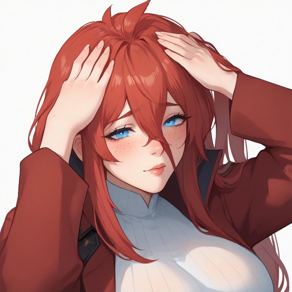 score_9, score_8_up, score_7_up, expressiveh, source_anime, 1 girl, solo, sexy girl, large breast, red coat, bleh meme, hands on own head, ulyana, long hair, red hair, blue eyes, face freckles, large breasts, body freckles, bangs, hair between eyes, straight hair, solo