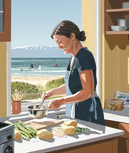 <lora:SDXL1.0-LoRa_TerryMoyle_Stlye_dooglewoogle:1> art by terry moyle, new zealand, ,         A highly detailed mother in her kitchen preparing meal, window sunny day, happy, smiling,