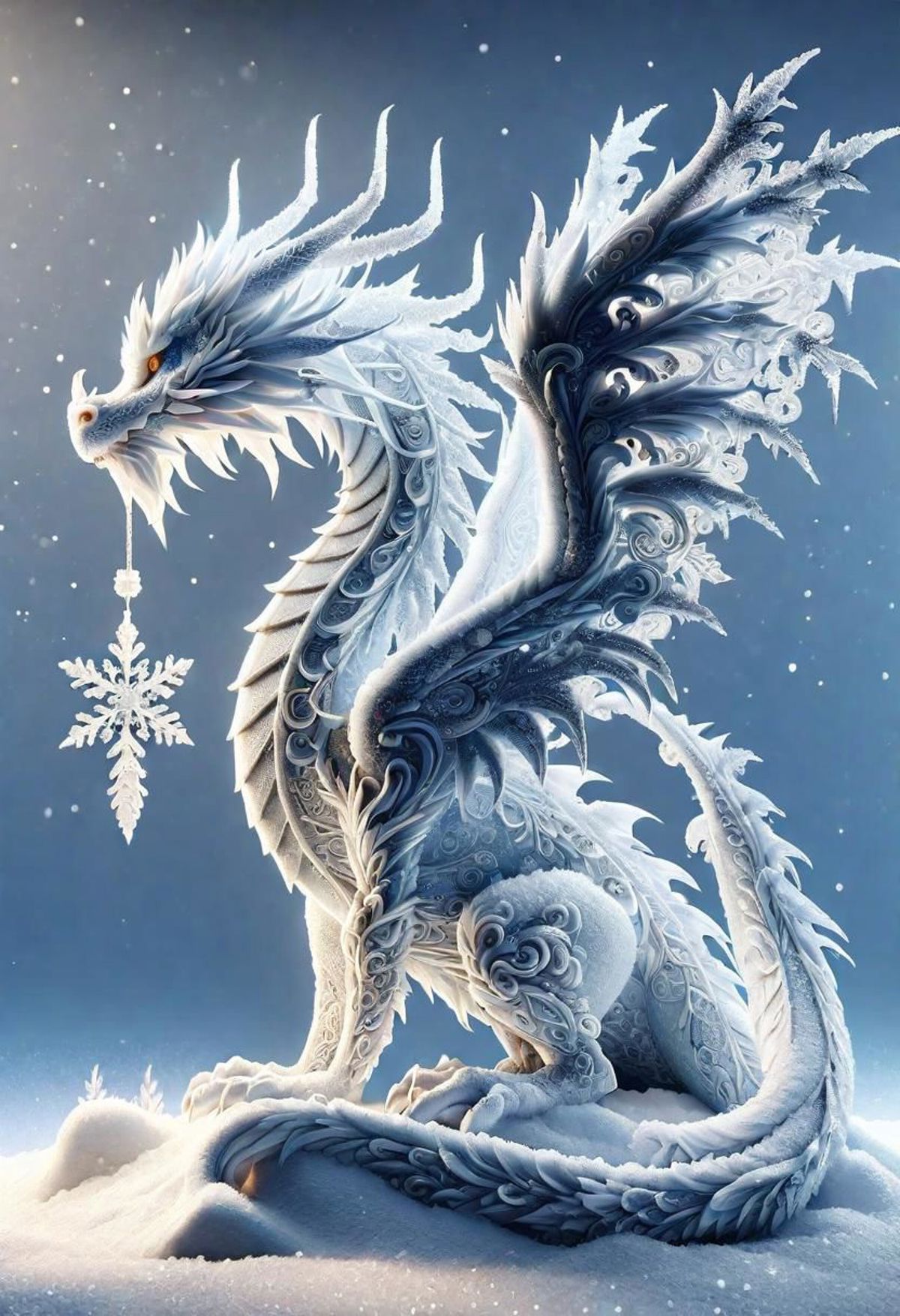 A beautiful blue and white dragon sitting on the snow.