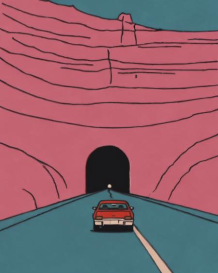 a car driving down a road in front of a tunnel , solo, no humans, parody, ground vehicle, motor vehicle, meme, car, crewmate (among us) <lora:Wake_Up_sdxl:0.85>