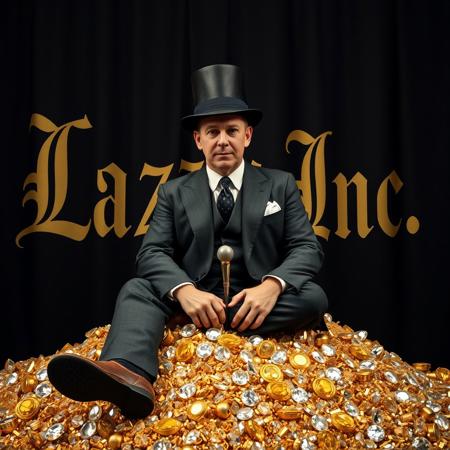a huge classic businessman from the early 20s sits on a pile of diamonds and gold, he is dressed in a classic three-piece suit with a top hat, in the background there is a black curtain with writing in classic big roman font "Lazy Inc"