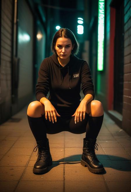 score_9, score_8_up, score_7_up, award-winning masterpiece, gritty raw street photography, plain clean earthy female hacker,middle finger, leggings, black boots, matrix punk clothing, squatting, with neon lighting from shops, high-quality, super-detailed, dramatic lighting, soft shadows, rich textures, moody atmosphere