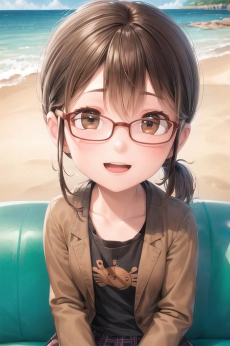 1girl, margo, brown hair, brown eyes, glasses, low ponytail, sidelocks, portrait, beach, sitting, looking at viewer, :d <lora:margo:1> <lora:add_detail:0.5>