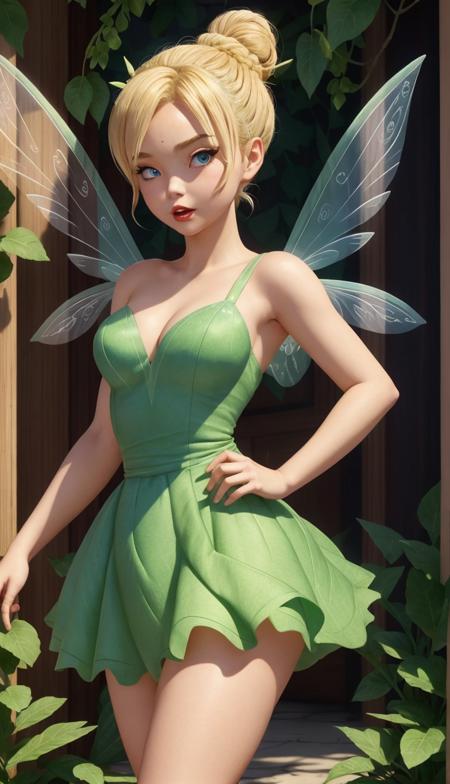 <lora:Tinker_Bell:0.8>, Blonde hair in a high bun, blue eyes, fair skin, arched eyebrows, pink lipstick, green leafy dress, translucent wings, surprised expression, standing, small breast, thick, detailed eyes, arms behind back