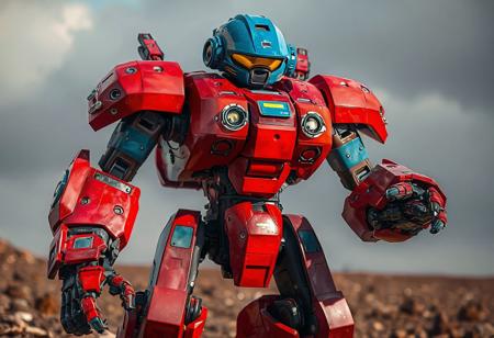 A detailed, 4K image showcases a formidable Chronomaly Mud Golem robot, a fusion of mechanical and organic elements, standing proudly against a Chaos Field backdrop. The robot, primarily red and blue, boasts a sturdy build with contrasting accents and a yellow visor on its blue head, suggesting a functional surveillance purpose. The Chronomaly Mud Golem robot's arms and legs, poised in a readiness stance, exude a sense of power, making for a striking, captivating sight with vivid colors, sharp lines, and harmonious composition. This image embodies a contemporary aesthetic, with a multi-colored palette, intentional focus, and cinematic lighting, evoking joyful impact and a powerful message.