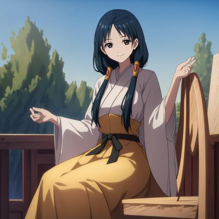 ((masterpiece)),((highres)),((best quality)),((highly detailed)),((extremely detailed CG unity 8k wallpaper)),illustration,Hakuei Ren,black hair,black eyes,medium breasts,facing viewer,smile,sitting,blue sky,outdoors,