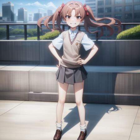 <lora:Kuroko:1>,
 anime screencap,city,blue sky,outdoors,
1girl,solo,brown hair, twintails, full body, tokiwadai school uniform, sweater vest, skirt,brown eyes, smirk,hands on hips, skinny,loafers, facing viewer,socks,