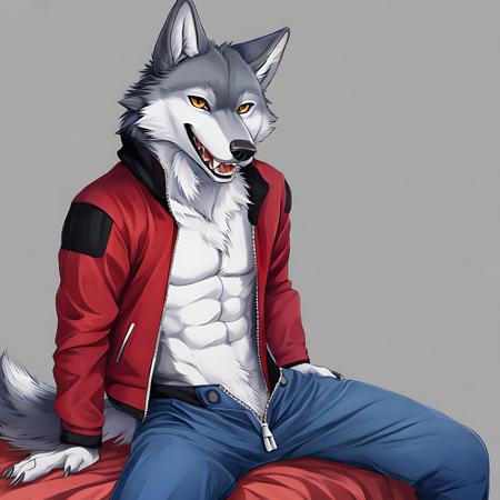 withLora(LORA-01ChipTheWolf)0.85, anime, solo,  orgasm smile, wolf teeth, simple background, no humans, grey transparent claws, grey wolf nose, animal ears, standing,  red open jacket, no shirt, reveiling chest, open  tail, full body, male focus, wolf ears, wolf tail, furry, zipper, blue pants, furry male, sitting on bed, untidy bedroom, calm lighting, erect penis, hairy genital balls, wolf hands, hand on penis, masterbation, cum on chest, cum on bed, cum shot, dildo in ass, hand pushing dildo in ass, gay porn magazine on the bed, gay pride flag hanging on the wall