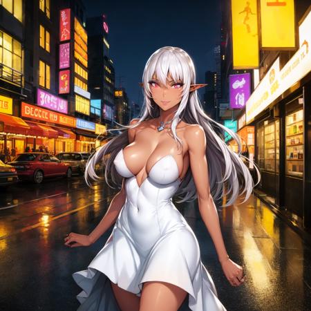 1girl, dark elf, pointy ears, expressive eyes, smile, (dark-skinned female, dark skin:1.2), (long hair), white hair, cocktail dress, strapless dress, small breasts, areola slip, large areolae, curvy   <lora:fei_(maidoll)_locon_v1-000011:1>
BREAK
city street at night, midnight, neon signs,