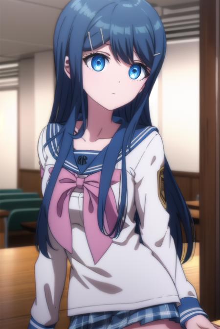 sayakamaizono, <lora:sayaka maizono s1-lora-nochekaiser:1>,
sayaka maizono, long hair, bangs, blue eyes, hair ornament, blue hair, hairclip,
BREAK long sleeves, bow, school uniform, collarbone, serafuku, bowtie, sailor collar, pink bow,
BREAK indoors, classroom,
BREAK looking at viewer, (cowboy shot:1.5),
BREAK <lyco:GoodHands-beta2:1>, (masterpiece:1.2), best quality, high resolution, unity 8k wallpaper, (illustration:0.8), (beautiful detailed eyes:1.6), extremely detailed face, perfect lighting, extremely detailed CG, (perfect hands, perfect anatomy),