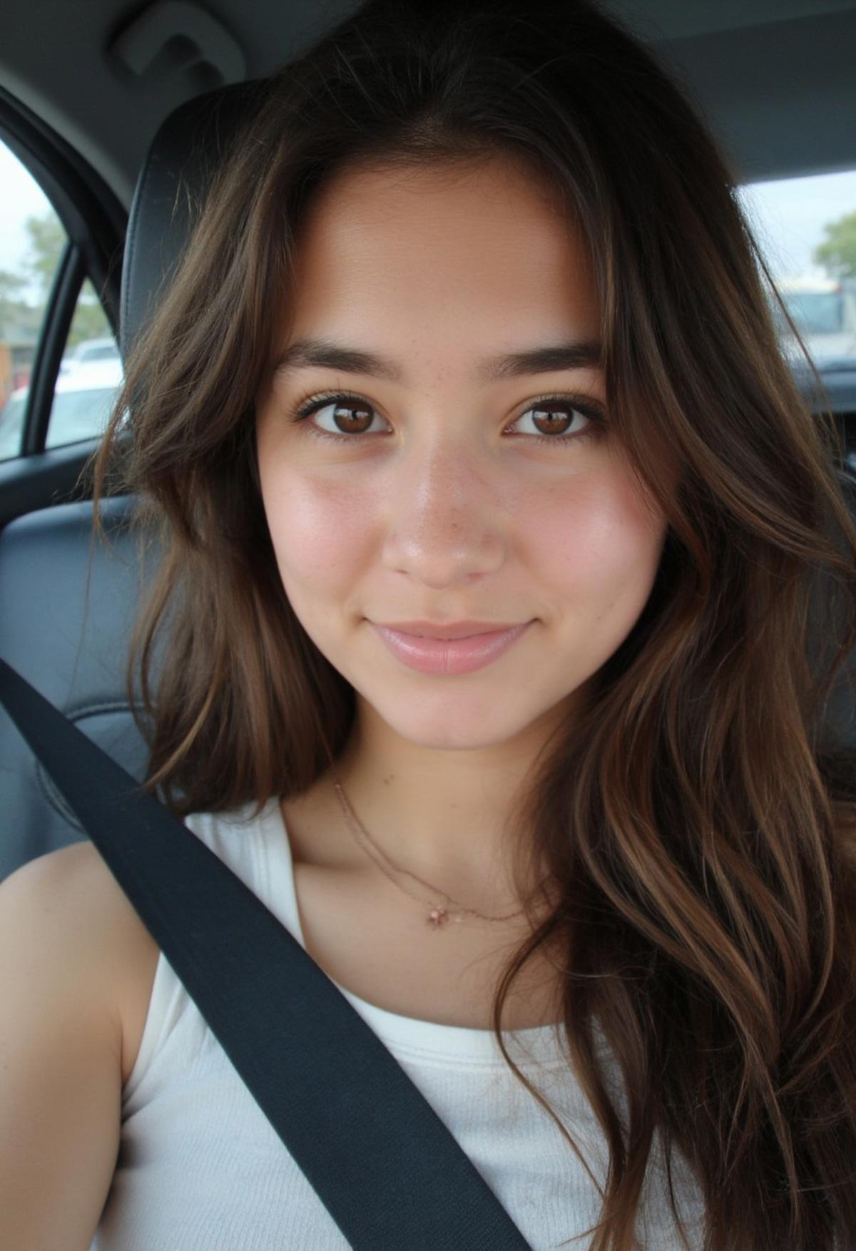 arafed woman with long hair sitting in a car, pale-skinned persian girl, with cute - fine - face, without makeup, selfie of a young woman, instagram selfie, charli bowater, 19-year-old girl, brown eyes and white skin, with long hair and piercing eyes, the image is indistinguishable from a real real photo, <lora:amateurphoto:1>