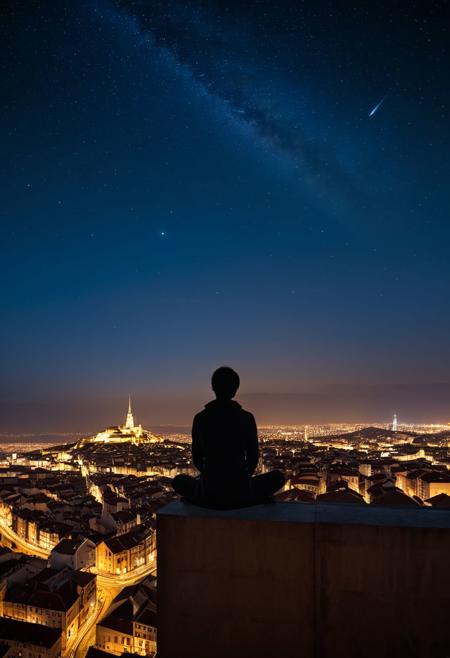 Frame a lone figure sitting on a rooftop, their silhouette stark against the starry night sky. Use a telephoto lens, like the Nikon AF-S NIKKOR 70-200mm f/2.8E FL ED VR, to compress the perspective and emphasize the vastness of the city stretching below. A slow shutter speed will create light trails in the sky, adding a dynamic and peaceful element to the scene. For a 4K wallpaper, enhance the clarity and sharpness of the image, showcasing the intricate details of the city lights and the serene expression of the solitary figure.