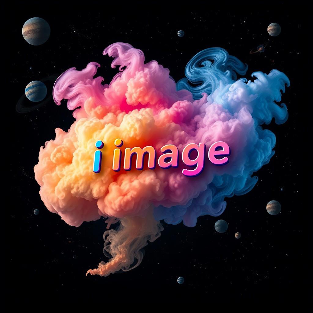 A colorful cloud of swirling cosmic smoke and dust that floats in space. In the cloud the playful text "I image" is written with high-contrast text. The dark background contains stars, planets, and galaxies.