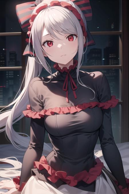 shalltear, grey hair, long hair, (red eyes:1.5), silver hair, black dress, bonnet, bow, dress, frilled dress, frills, large bow, long sleeves, vampire,