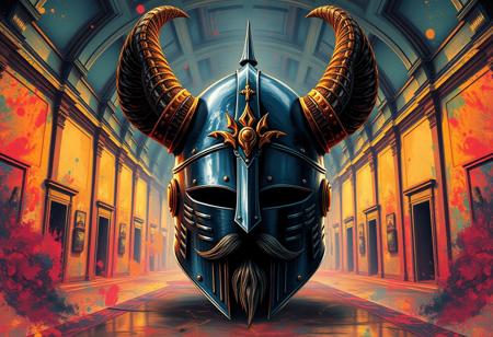 A breathtaking splash ink illustration in a fantasy style depicting a majestic medieval knight's helmet. Centrally positioned, the helmet is made of dark metal, crowned by two massive, curved horns reaching towards an unseen sky. The human-like faceplate, complete with a detailed mustache and goatee, is rendered with expressive brush strokes, suggesting ancient power. Opulent gold accents adorn the metalwork, shimmering with a radiant, multi-colored glow. The background is a stylized, almost dreamlike museum space, rendered with vibrant, multi-colored splash ink textures that draw attention to the helmet. Sharp lines and energetic brush strokes define the forms. The overall mood is one of awe and ancient mystique. Exceptional Quality, High-res, 4K, More Detail, Lifelike Details, Super Detailed Face and Eyes, Handcrafted with Precision, High Quality, Sharp Lines and Brush Strokes, Stunning Colors, Harmonious Colors, Multi Colored, Contemporary Aesthetics, Beautiful Matte Painting, Impeccable Composition, Creative Angle, Attractive Background, Balanced Editing, Intentional Focus, Well-timed Moment, Isometric, Dynamic Action Pose (implied display), Captivating Lighting, Grammer Effect Style, Splash Ink Illustration, CGSociety, Artstation Trending on ArtstationHQ, Golden Ratio, Vivid Emotions, Joyful Impact, Powerful Message, Beautiful Detailed Eyes.