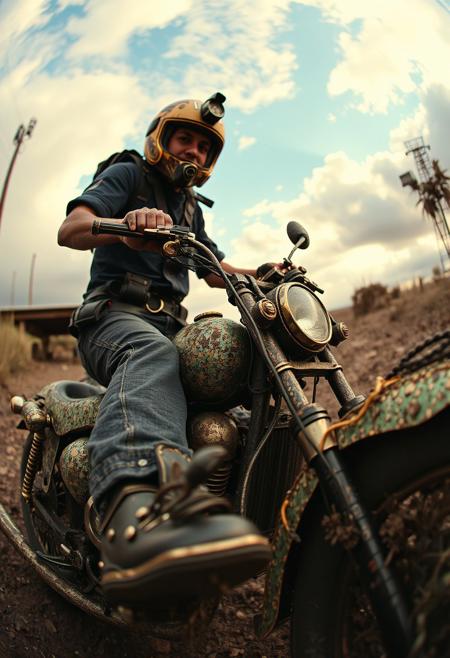 (masterpiece, intricate:1.3), (best quality, hires textures, high detail:1.2), <lora:Obsidian_Jade_Style:1>, golden theme, <lora:Starry_Morph:1> starry_morph ramirez gonzalo and his chopper  , rotten , rotten cardboard "I NEED BUZZ!" "funny" fisheye lenses 12mm, very high resolution