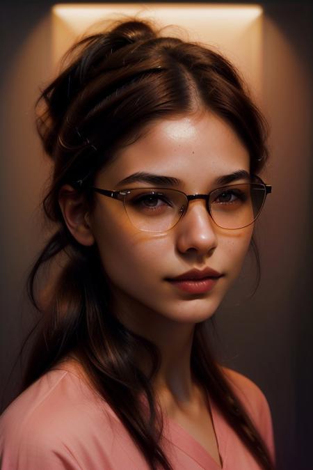 ( A beautiful 20 years old Latina Venezueliana woman in her late teens, with smooth,((( shiny brown skin))), long straight black hair styled neatly with a center part, wearing subtle makeup with defined dark eyebrows, soft pink lips, and a slightly rounded face. She has expressive dark almond-shaped eyes, defined cheekbones, and a gentle, confident smile. Her features are elegant and balanced, with a touch of youthful vibrancy.  radiating a confident and slightly playful expression , dancing with a man with a ponytail and shaved sides hair and round glasses , brown skin , ((wearing square black glasses)) . (best quality, high quality, photograph, hyperrealism, masterpiece, 8k:1.3), serious looking, (white lighting, adding mystery and sensuality, trending on trending on artsy, concept art, (shot by helmut newton:1.1), r, modern , realistic skin , realistic body , epiCRealism