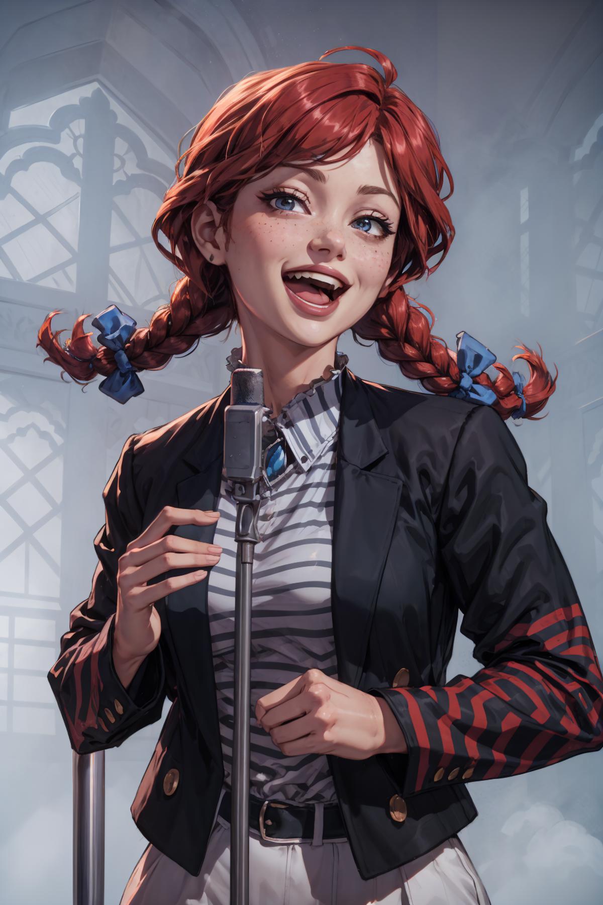 A cartoon illustration of a redheaded girl with blue eyes and red braids, wearing a black suit and striped shirt, singing into a microphone.