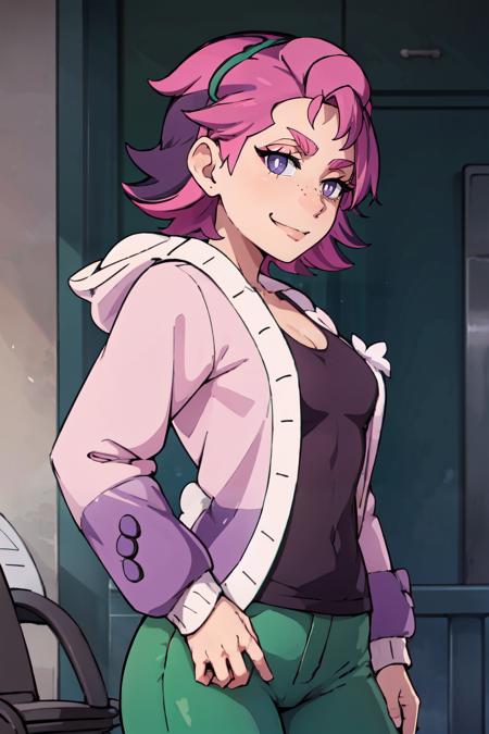 aaDotPKMN, 1girl, purple eyes, purple hair, pink hair, multicolored hair, two-tone hair,  short hair, hair over eyes, bangs, aaDotPKMN, 1girl, purple eyes, purple hair, pink hair, multicolored hair, two-tone hair,  short hair, hair over eyes, bangs, black shirt, long sleeves, jacket, open clothes, green pants,  bbDotPKMN, 1girl, purple eyes, bright pupils, hairband, pink hair, short hair,  bbDotPKMN, 1girl, purple eyes, bright pupils, hairband, pink hair, short hair, black shirt, long sleeves, jacket, open clothes, green pants, 