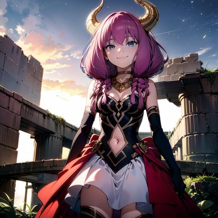 an extremely delicate and beautiful girl,8k wallpaper,masterpiece,danntoudainoaura,night,(ruins:1.1),(night sky:1.1),outdoors,1girl,solo,demon horns,demon girl,navel,long hair,medium breasts,elbow gloves,cleavage,dress,thighhighs,navel cutout,boots,choker,bare shoulders,standing,smile,looking at viewer