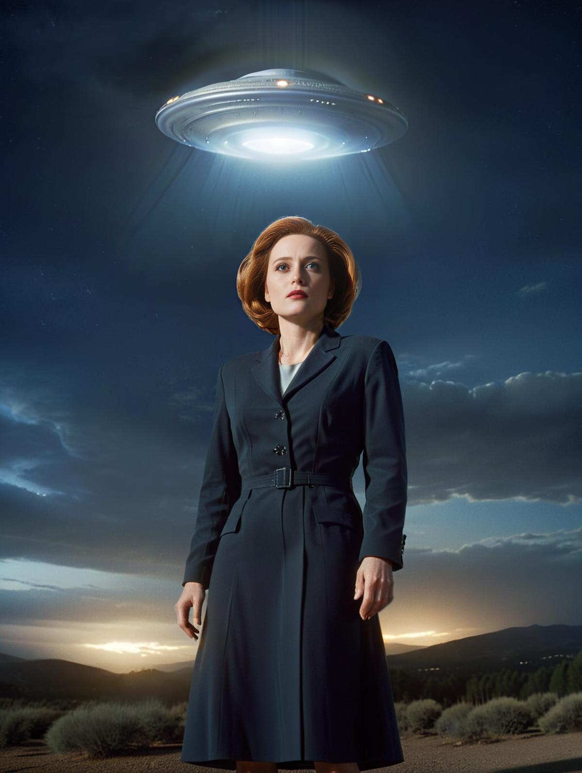 A woman in a blue suit standing under a UFO.