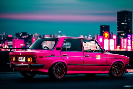 analog style,(((JDM))), A black car drifting on the streets of tokyo at night :: pink sunset and city in the background,Luxyry style,Hyperdetailed, Ultra realistic, cinematic, Neon lighting, Unreal engine, RTX, (VAZ2106),  <lora:VAZ2106:0.8>