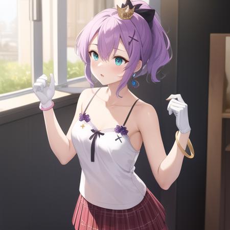 (masterpiece, best quality:1.2),illustration,8k,hd,1girl,solo,purple_hair,hair_ornament,ponytail,hair_ribbon,bangs,green_eyes,mini_crown,hair_between_eyes,blue_eyes,gloves,plaid_skirt,single_glove,white_gloves,jewelry,medium_breasts,bracelet,white_camisole,cross_hair_ornament,purple_skirt,<lora:Javelin:0.8>,