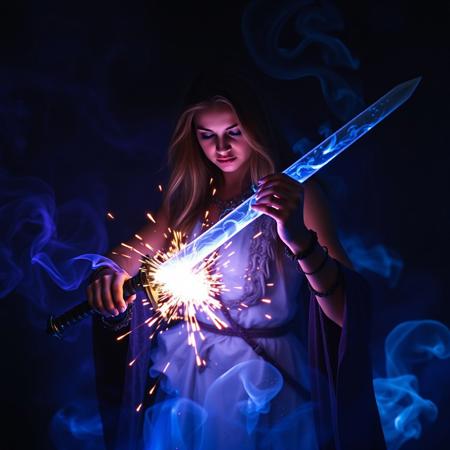 Best quality, slow motion, dark Bioluminescence translucent archaea/sorceress imbues sword with sparks of energy. Dark swirls of blue and purple smoke flow down and envelope her.