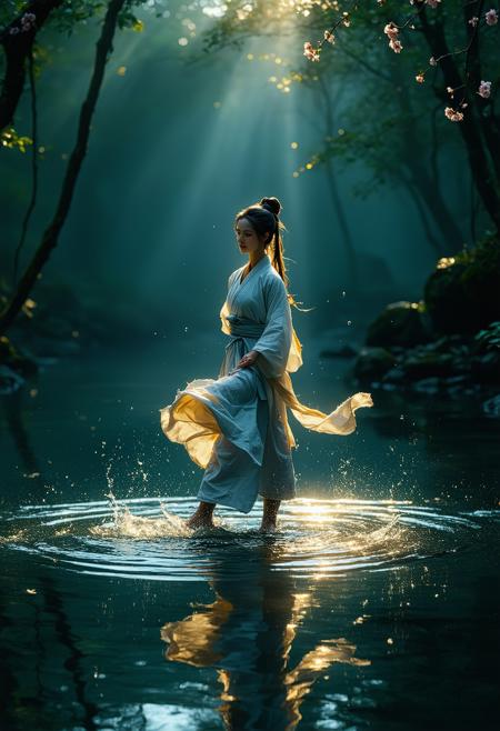 A martial artist stands poised on a forest pond at dawn, her amber-lit jedmat gi rippling as cherry blossoms spiral. Low-angle framing captures her dynamic iaido stance: right foot anchored on water’s tension, creating concentric mandala ripples; left leg coiled mid-kick, droplets suspended. KyoAni’s gradient mastery blends celadon mists with sakura-pink dawn light, while Shinkai-esque directional rays carve liquid gold through her mature yellow ponytail. Serenity crackles with potential energy—smirk hints at controlled power, shadows contour battle-ready curves beneath flowing fabric. Water shimmers like fractured obsidian, mirroring the forest’s breathing tranquility.