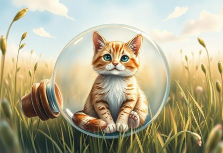 The image features a whimsical illustration of a cat sitting comfortably inside a vintage glass bottle, with intricate details that invite the viewer to gaze deeper. In the style reminiscent of Beatrix Potter's watercolor illustrations, the scene is rendered with soft, gentle brushstrokes and delicate lines that evoke a sense of wonder. 
The ideal color palette consists of muted earth tones, with warm golden hues on the cat's fur and subtle blue-green undertones in the bottle's glass. Lighting comes from a soft, diffuse source, casting a gentle glow within the bottle while leaving the surrounding background softly faded. 
Mood-wise, the illustration exudes a sense of serenity and enchantment, as if time itself has slowed down within this miniature world. The perspective is an intimate, first-person view, with the viewer positioned directly above the cat to create a cozy, enclosed atmosphere. 
The setting is a lush meadow on a warm summer's day, with a few wispy clouds drifting lazily across a clear blue sky. The time of day is late afternoon, when the sun casts long shadows and the air is filled with the sweet scent of blooming wildflowers. 
Materials used in this illustration include traditional watercolors on high-quality paper, with added texture from subtle, hand-applied collage elements that evoke the roughness of the bottle's glass. The rendering style blends realistic representation with a touch of fantasy, fitting perfectly within the realm of magical realism.