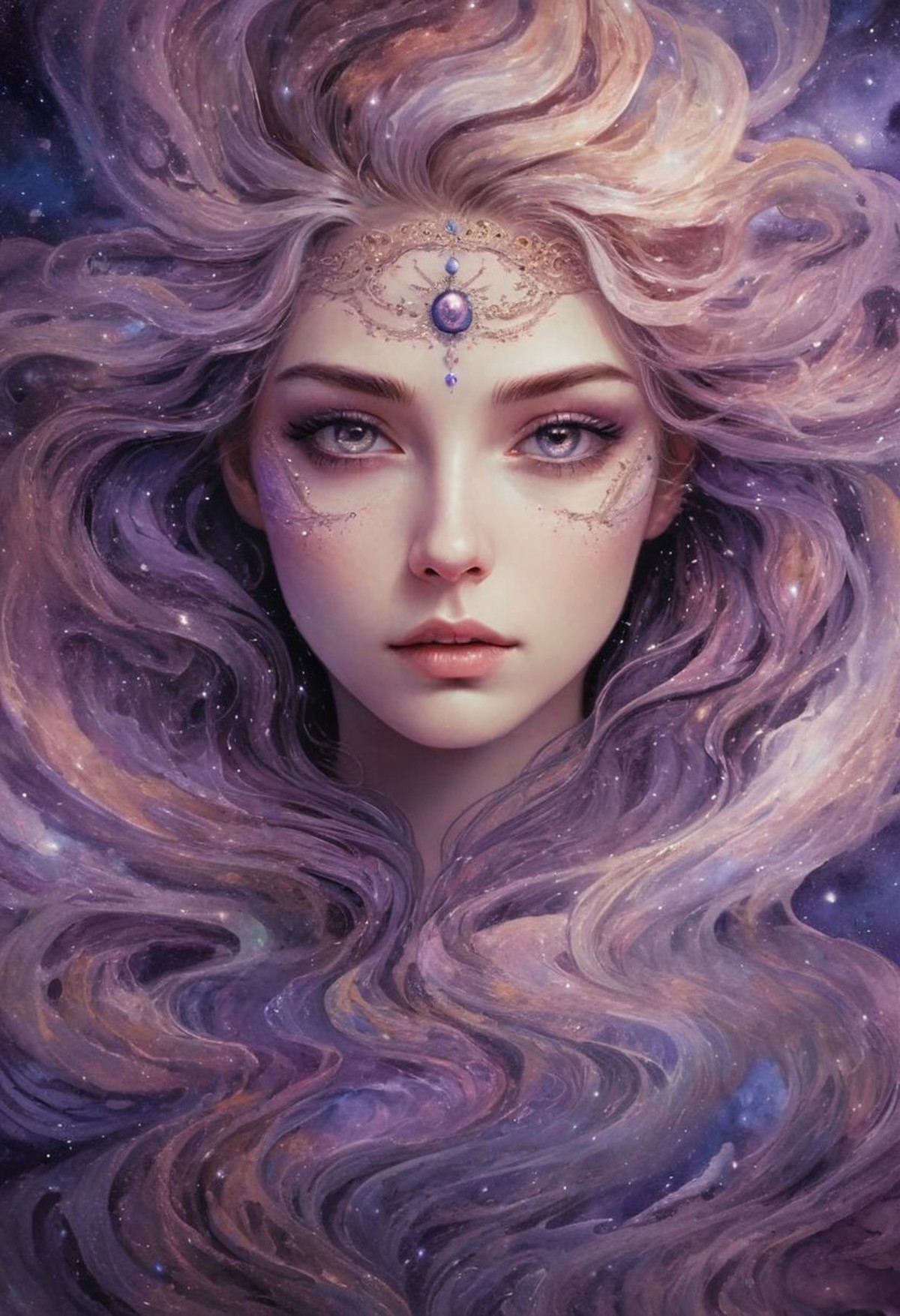 celestial being woman's portraitwith dark purple eyes, swirling galaxies, nebulae, intricate cosmic details, cosmic eyes, ...