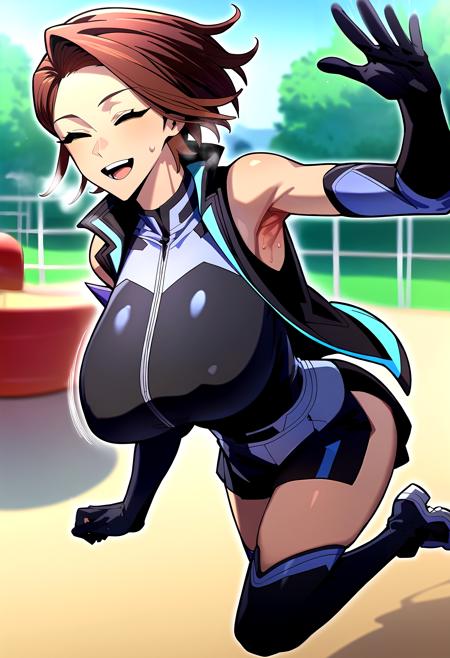 brown hair, short hair, brown eyes sleeveless jacket, black jacket, elbow gloves, boots, black gloves, thighhighs pants, jeans, long sleeves, brown jacket, white shirt, turtleneck crop top, pink shirt, short sleeves, jeans, navel