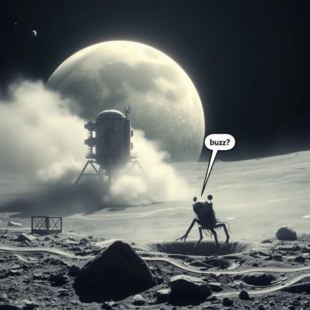 Apollo lunar lander has just landed on the moon with a cloud of dust, a bizarre creature is emerging from a nearby crater to investigate (a speach bubble from this creature reads "buzz?")
